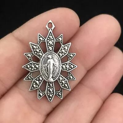 4.53g Vintage Sterling MOP Marcasite Virgin Mary Catholic Religious Medal • $29.99