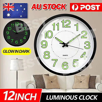 $18.95 • Buy Glow In Dark Wall Clock Luminous Quartz Wooden Non Ticking Home Decor 12''/30cm
