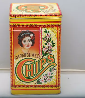 Vintage Carmichael's Chips Tin Retro Kitchen Canister 10 X 6.5 Hinged Cover • $20