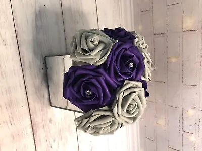 Silver Crush Diamond Vase Square Mirrored Finish With Grey And Purple Roses  • £40