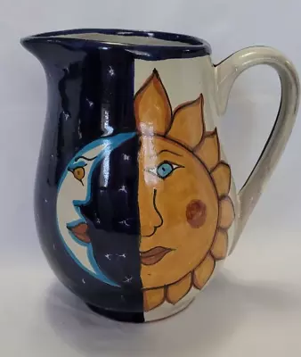 Colorful Mexican Pottery Redware Sun And Moon Design Pitcher • $17