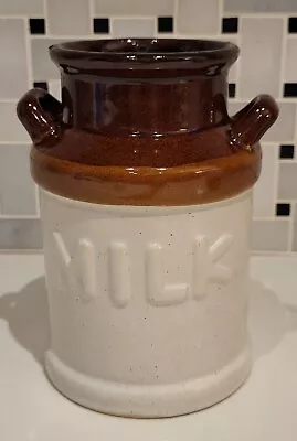 Vintage Milk Jug Brown And White Drip Stoneware Utensil Holder Canister Vase FUN • $22