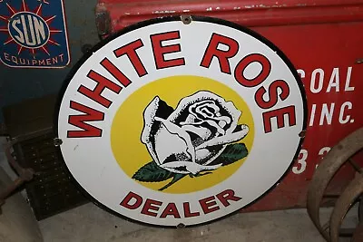 Large White Rose Gasoline Motor Oil Gas Station 30  Heavy Metal Porcelain Sign • $235