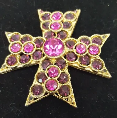 VINTAGE LISNER Signed Maltese Pink Rhinestone And Gold Tone Cross Brooch EUC • $10