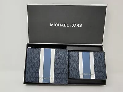 Michael Kors Mens Admiral Blue Logo Stripe 3 In 1 Billfold Wallet Box Set • $98