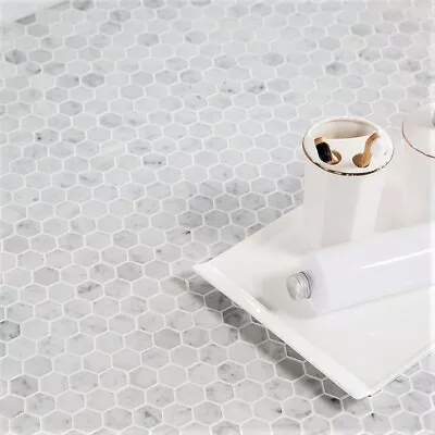 Designer Hexagon White Carrara Effect Glass Mosaic Tiles Sheet For Walls Floors • £8.90