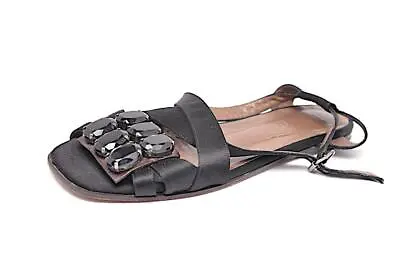 MARNI Black Satin Flat Sandals With Bold Black Jewels And Buckle Closure  Sz 39 • $125