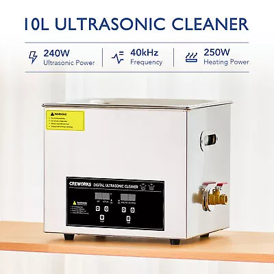 CREWORKS Ultrasonic Cleaner With 10L Stainless Steel Tank Heater Digital Timer • $119.99