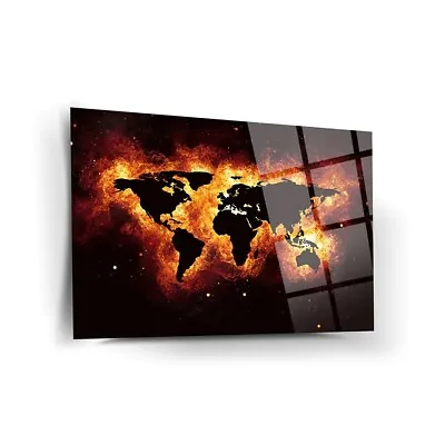 Fire World Map Tempered Glass Wall Art Easy Installation Fade Proof Wall Decor • $149