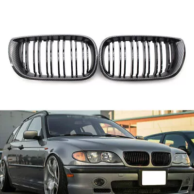 Front Kidney Grille Grill Double Slat For BMW E46 Sedan 02-05 Carbon Fiber Black • $33.50