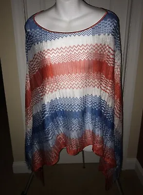 Missoni Sheer Knit Red Blue White Fringed Hip Length Rayon Poncho OS • $49.99