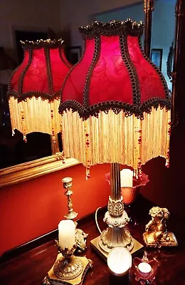 Parlour Victorian Glass Beaded Lampshade. Shimmery Red & Coppery Gold Silk. 12  • £169