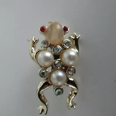 Vintage Gold Tone Faux Pearl & Rhinestones Frog Small Brooch Pin 1 -3/8  - FS • $13.99