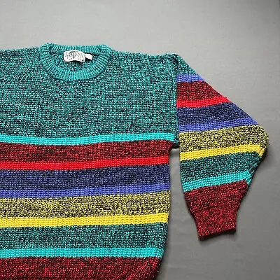 Vintage Knit Sweater Mens M Blue Red 90's Indie Rainbow Funky Striped Neon • $24.99