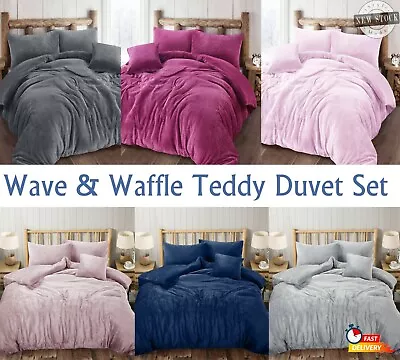 WAVE & WAFFLE TEDDY BEAR FLEECE Duvet Cover Set Soft Cosy Bedding All Sizes • £19.45