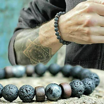Mens Women Lava Rock Diffuser Bracelet Elastic Natural Stone Yoga Beads Bracelet • $9.79