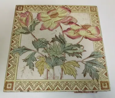 Glazed Ceramic Wall / Fireplace Tile - Floral Design & Pattern Border - Antique • $64.95