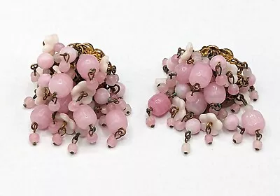 Vintage Signed Miriam Haskell Pink Glass Bead Cluster Dangle Clip-on Earrings • $139