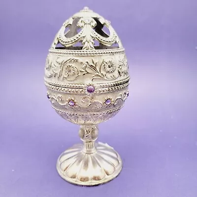 Vtg Egg Music Box Silver Enamel Metal Jeweled Rhinestone - Parts Or Repair • $18