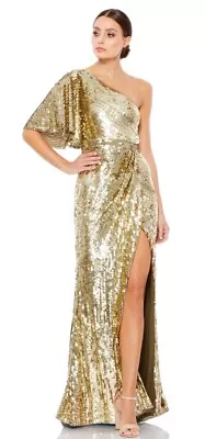 Mac Duggal Trumpet Gown Dress Size 6 Gold One Shoulder Cowl Neck High Slit $598 • $131.24