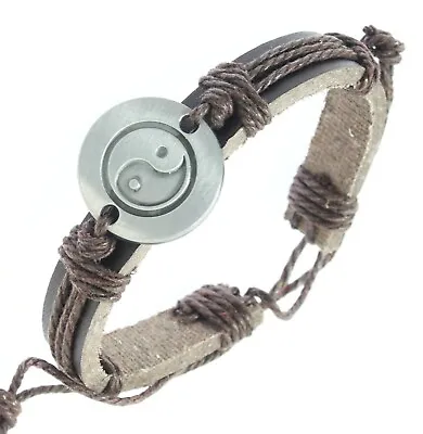 Men Silver Yin Yang Sign Brown Leather Cord Charm Cuff Bracelet Waistband Bungle • £2.99