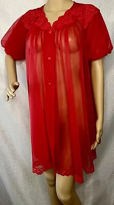 Vintage SHADOWLINE Red Sheer Chiffon Babydoll Dressing Gown Peignoir Robe M L • $49.95