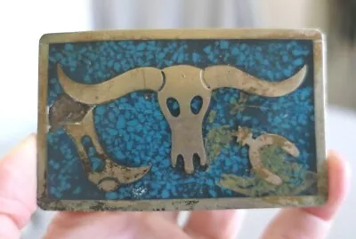 Vintage Taxco Mexico Alpaca Silver Turquoise Western Longhorn Skull Belt Buckle • $27.99