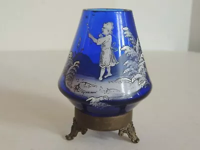 Antique Mary Gregory Cobalt Blue 4  Posy Jar Vase Girl With A Flower Brass Base • $45