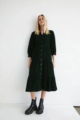 £69.99 • Buy Warehouse Cord Button Front Tiered Midi Dress Size UK 10 Khaki RRP 99