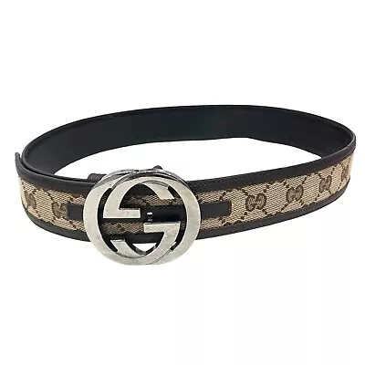 GUCCI Canvas Leather & Silver Metal GG Buckle Belt - Size: 80/32   #1285 • $295