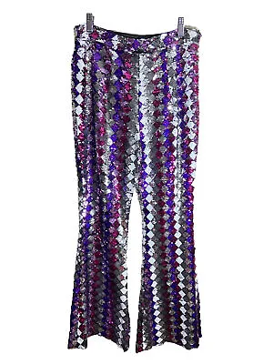 NEW Nasty Gal Sequin Pants High Rise Flared Leg Purple Pink Silver Rock N Roll S • $39.95