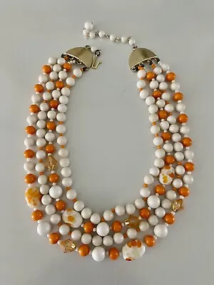 Vintage  Orange And White Beaded Crystal Triple Strand Necklace Choker • $15