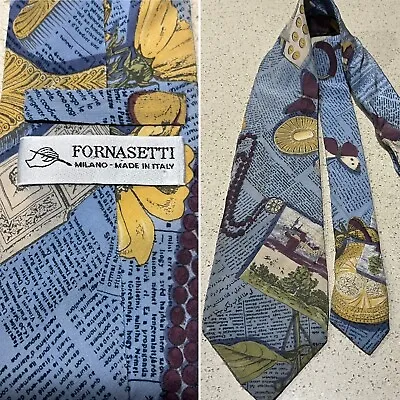 FORNASETTI Italy Pale Blue/Yellow Vintage Newspaper Print Handmade Tie • $49