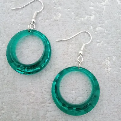Faceted Hoop Earrings Green 60s 70s Big Cut-out Geometric Style 2.5 Cm Wide • £3.95