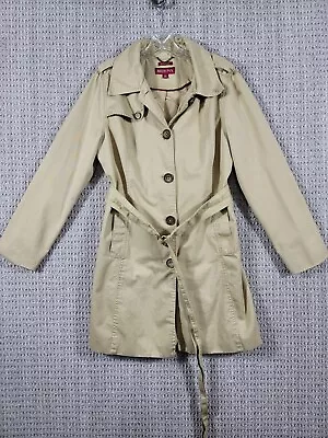 Merona Womens Tan Khaki Trench Coat W Belt Sz XL Lined Water Repellent • $12.99