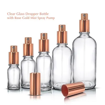 CLEAR Glass Spray Bottle With Rose Gold Mist Spray Atomiser Pump Wholesale • £54.65