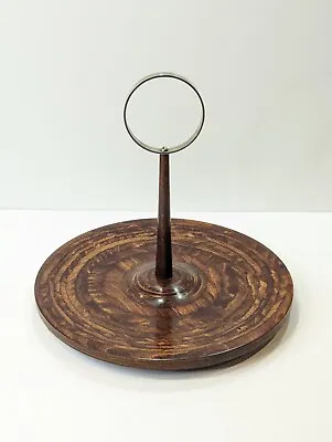 Vintage Wooden Cake Stand With Stainless Steel Ring Handle Mid Century  • £25