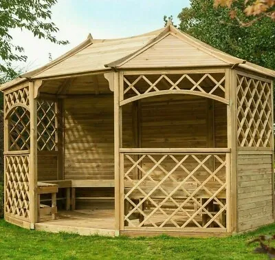 Wooden Garden Gazebo Rowlinson Sandringham Wood Trellis Octagonal Bench Seats • £3699.94