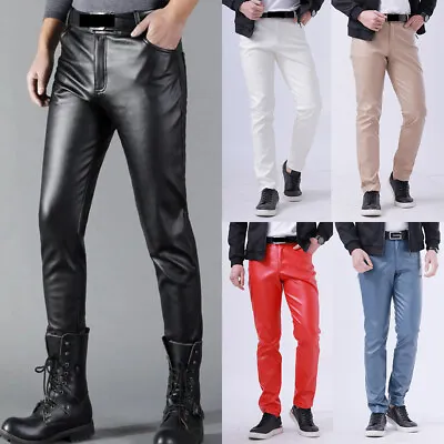 Mens Wet Look Stretch Faux Leather Trousers Soft Breathable Slim Pants Clubwear • $26.88