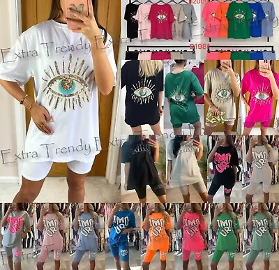 £16.95 • Buy Womens Oversized Cotton T-Shirt Top Cycling Shorts Gym Co Ord Lounge Wear Set