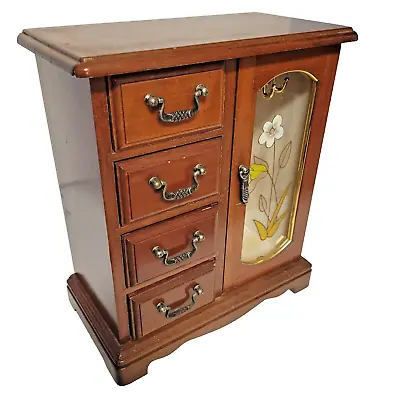Armoire Style Jewerly Box Pecan Wood Etched Glass Hinged Door 4 Drawers Vintage • $49.97