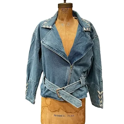 New Vintage X&R Jeans Denim Jacket Blue Lace Up Zipper Belted Moto Womens S • $50