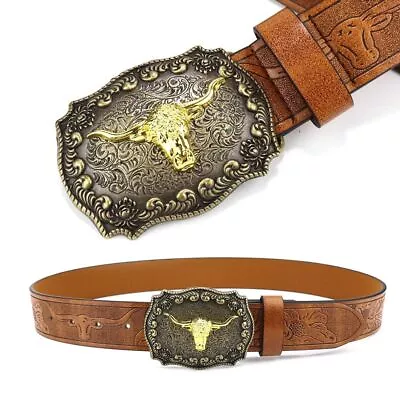 Vintage Mens Western Cowboy Belt PU Leather Waistband Fashion Buckle Belt Mens • £8.49