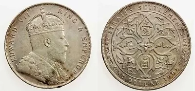 1908 Silver Coin One Dollar Straits Settlement Malaya Edward VII Of England XF+ • $247.77