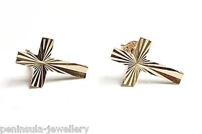 9ct Gold Cross Studs Diamond Cut Earrings Made In UK Gift Boxed  • £34.99