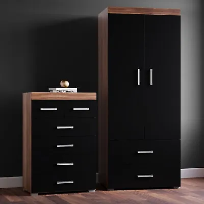 Black & Walnut 2 Door Wardrobe & 4+2 Chest Of Drawers Bedroom Furniture Storage • £194.95