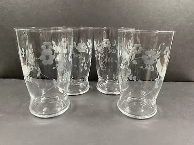 Vintage Clear Etched Floral Flower Glass Tumblers Beautiful Set Of 4 • $22.49