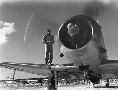 Marine Pilot Standing Wing His Plane Majuro Island August 1944 Old Photo • $5.81