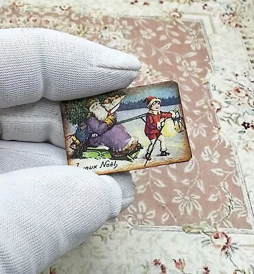 Miniature Dollhouse Christmas FRENCH Antique Postcard SANTA Sled Little Boy 1:12 • $9.95