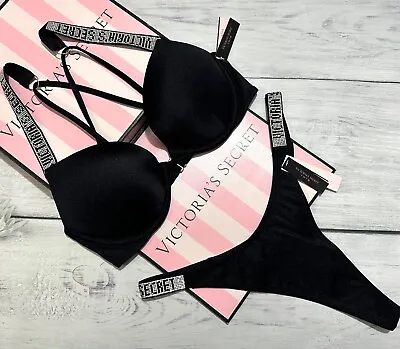 Victoria’s Secret Swim Shine Strap Bombshell Push-up Thong Set Black • $159.91